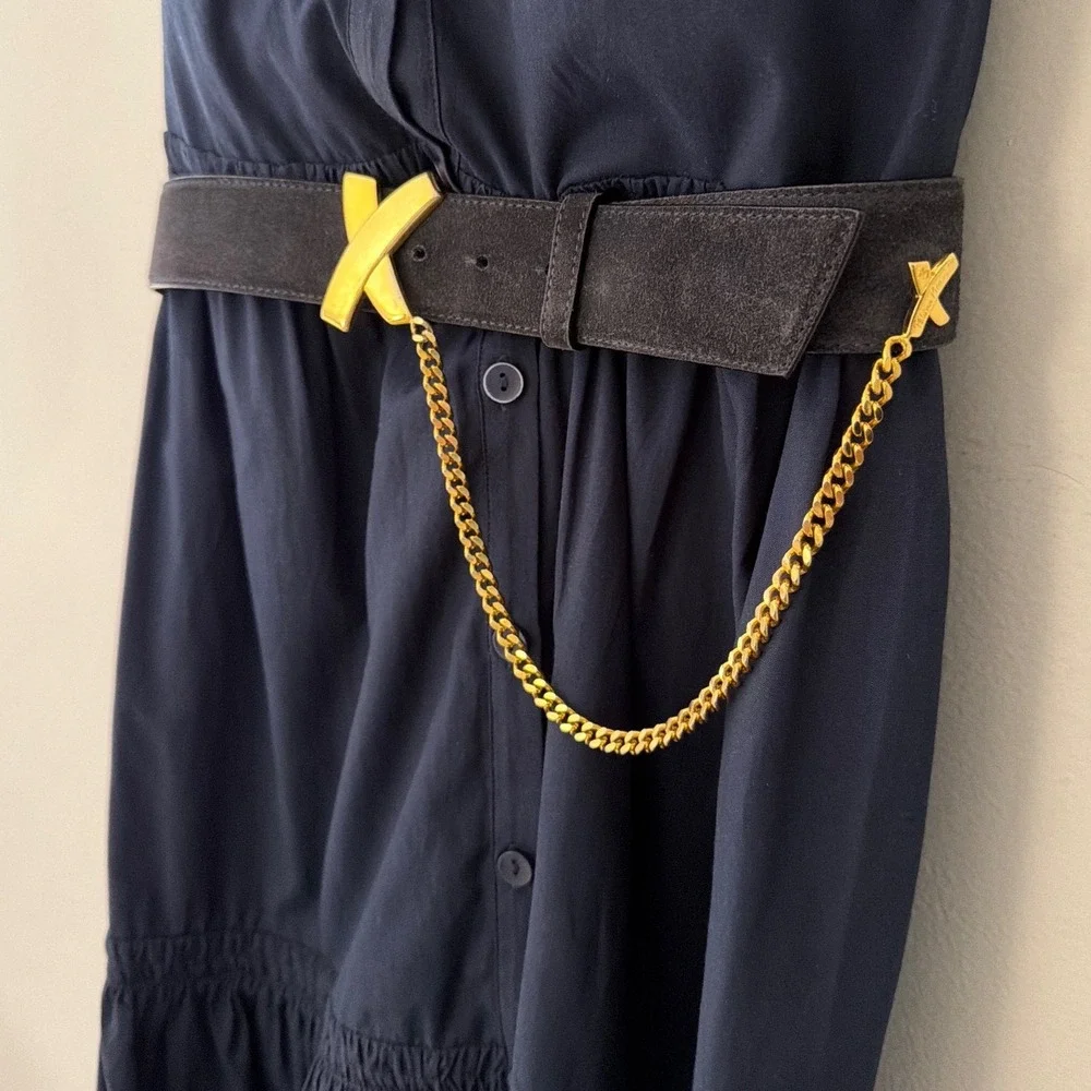 Paloma Picasso Black Suede Leather Belt Gold X Buckle Chain Vintage Italy M/75